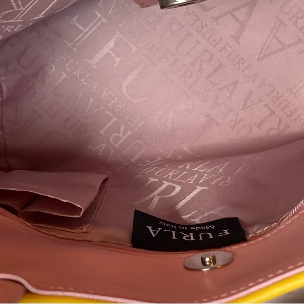 Furla Vintage Y2K Pink & Yellow Bow Tote/Shoulder Bag Elegant Structured Design
